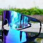 Sport-Sonnenbrille mit blauen verspiegelten Gläsern, schwarzem Rahmen, reflektierend, modisch.