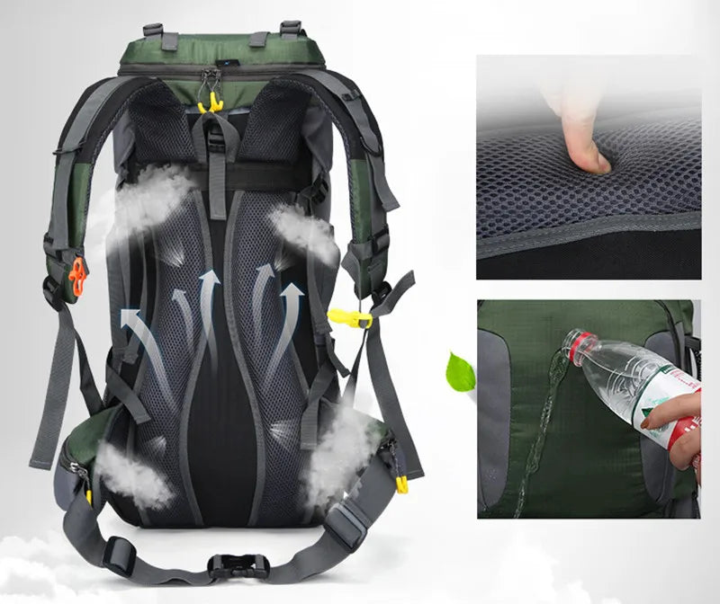 Grüner Wanderrucksack mit atmungsaktivem Netzrücken, wasserdicht, ergonomisch, Outdoor-Abenteuer.