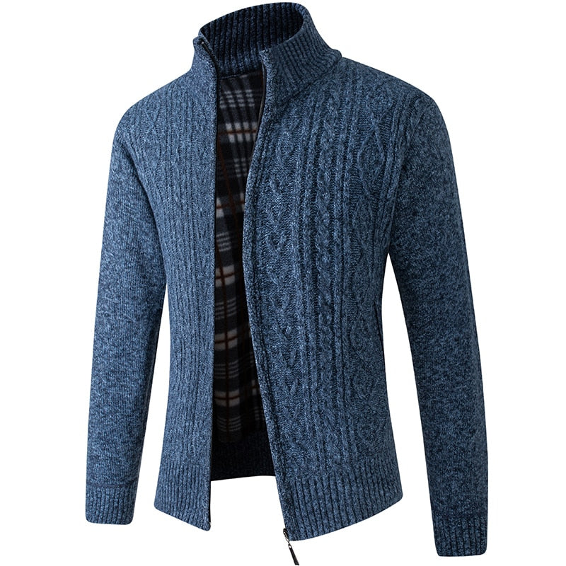 Blauer Strickpullover mit Reißverschluss, Herrenmode, Winterkleidung, warm, modisch.