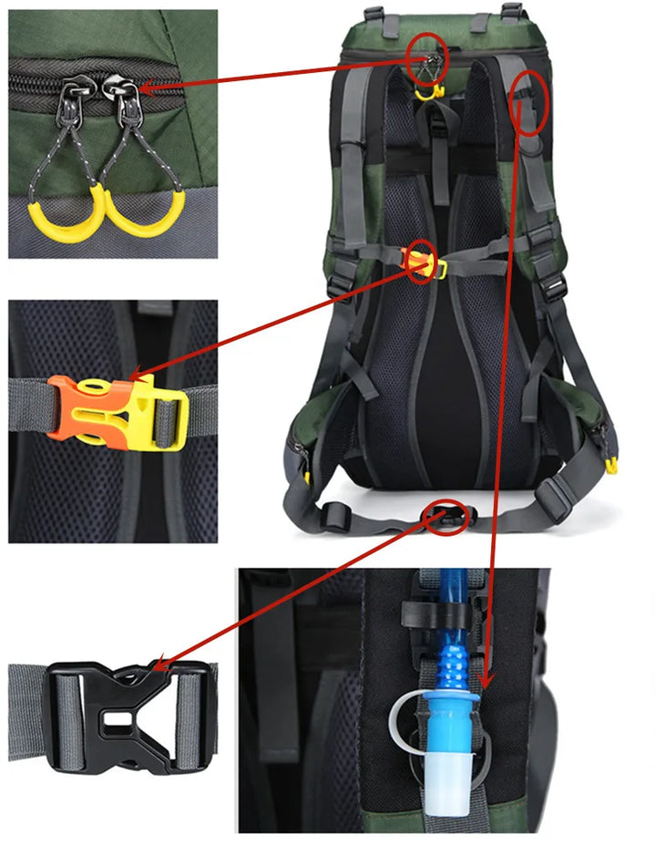 Grüner Wanderrucksack mit Trinksystem, verstellbaren Gurten und Sicherheitsverschlüssen.