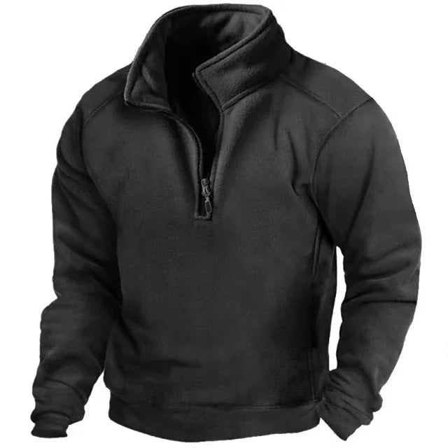 Schwarzer Herren-Pullover, winddicht, mit Reißverschluss, aus Fleece, für Outdoor-Aktivitäten.
