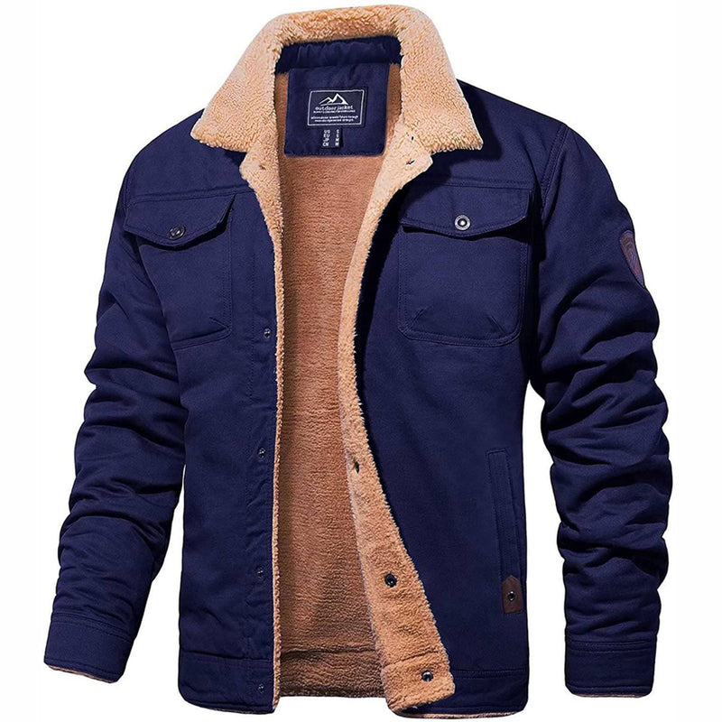 Dunkelblaue Herren-Bomberjacke mit Teddyfutter, warm, modisch, Winterjacke, Baumwolle.