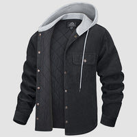Herren Cordjacke mit Kapuze, gesteppt, schwarz, Knopfleiste, 5 Taschen, Wintermantel.