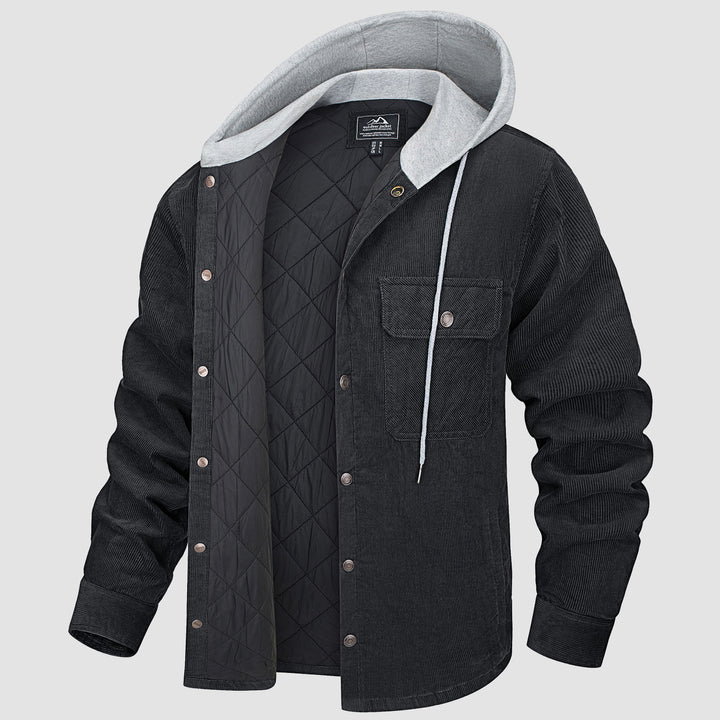Herren Cordjacke mit Kapuze, gesteppt, schwarz, Knopfleiste, 5 Taschen, Wintermantel.