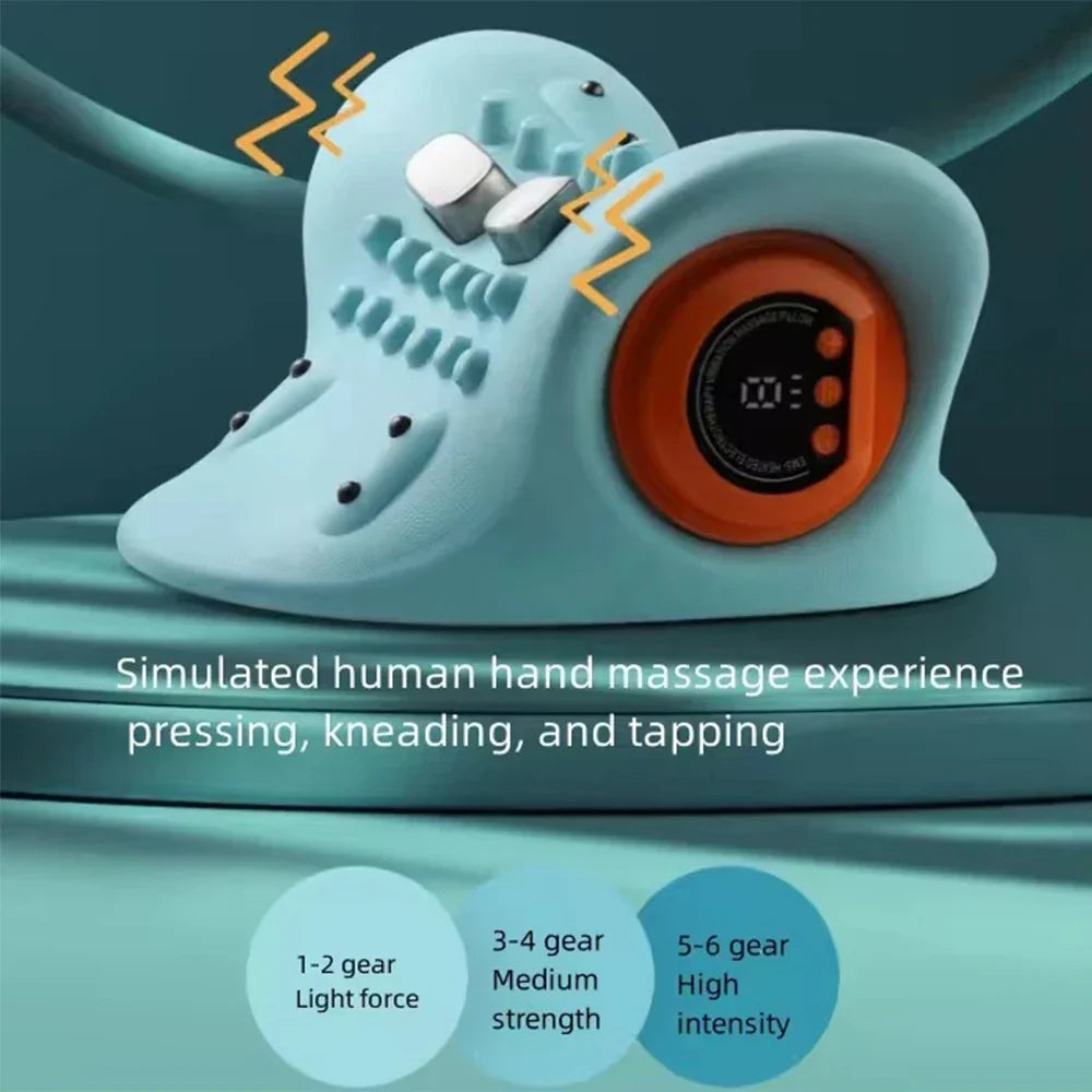 Elektrisches Nackenmassagegerät, blau, mit Intensitätsstufen, ergonomisches Design.