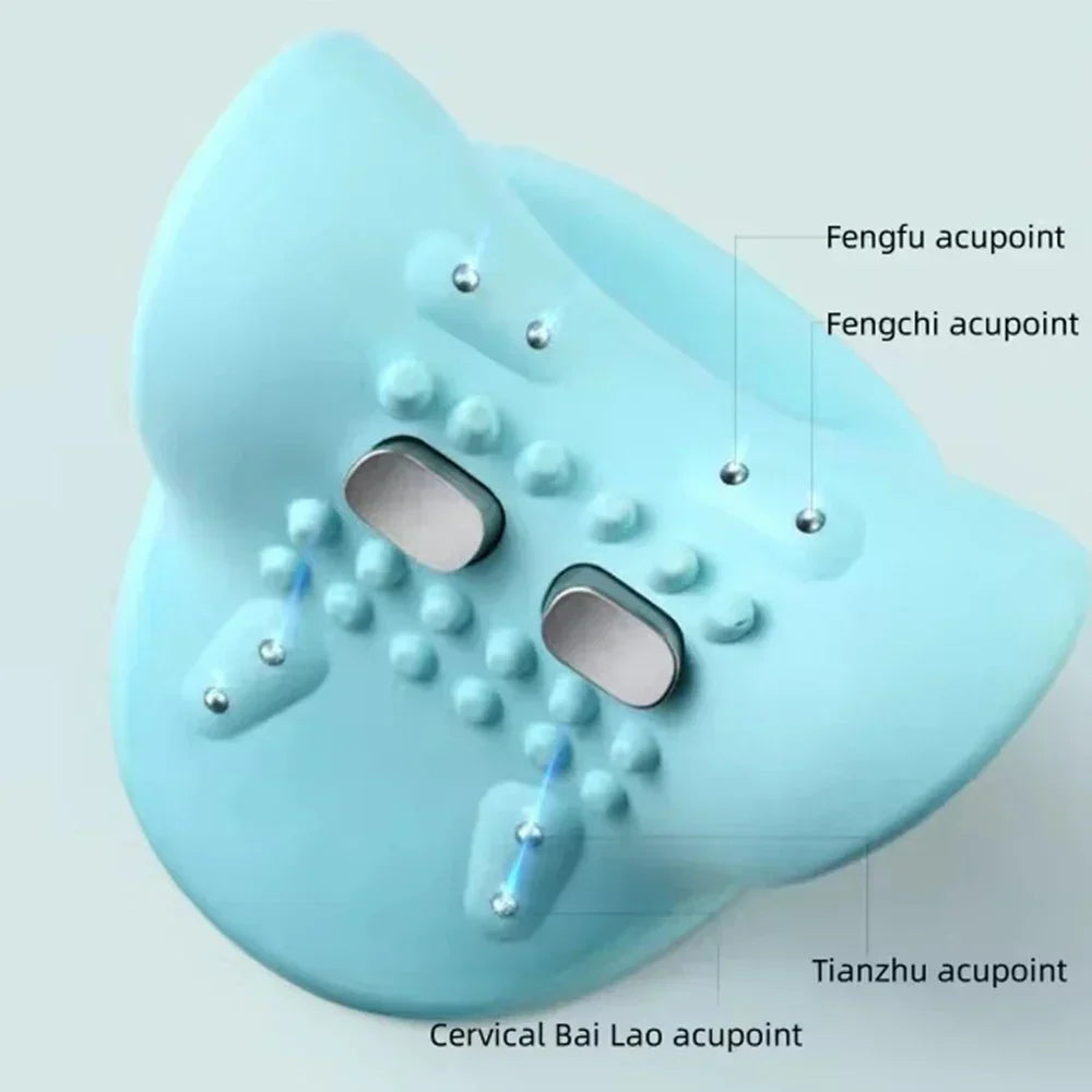 Blaues Nackenmassagegerät mit Akupressurpunkten, ergonomisch, zur Schmerzlinderung.