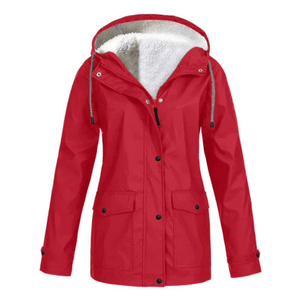 Rote Damenjacke mit Kapuze, Fleece-Innenfutter, wasserdicht, Wintermantel, Outdoor-Bekleidung.