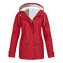 Rote Damenjacke mit Kapuze, Fleece-Innenfutter, wasserdicht, Wintermantel, Outdoor-Bekleidung.