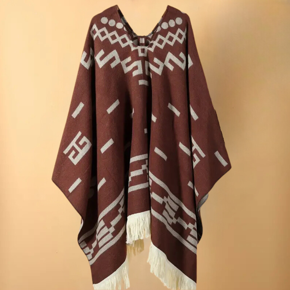 Brauner Poncho mit geometrischem Muster, Fransen, aus Wolle, traditionelles Design, Unisex.
