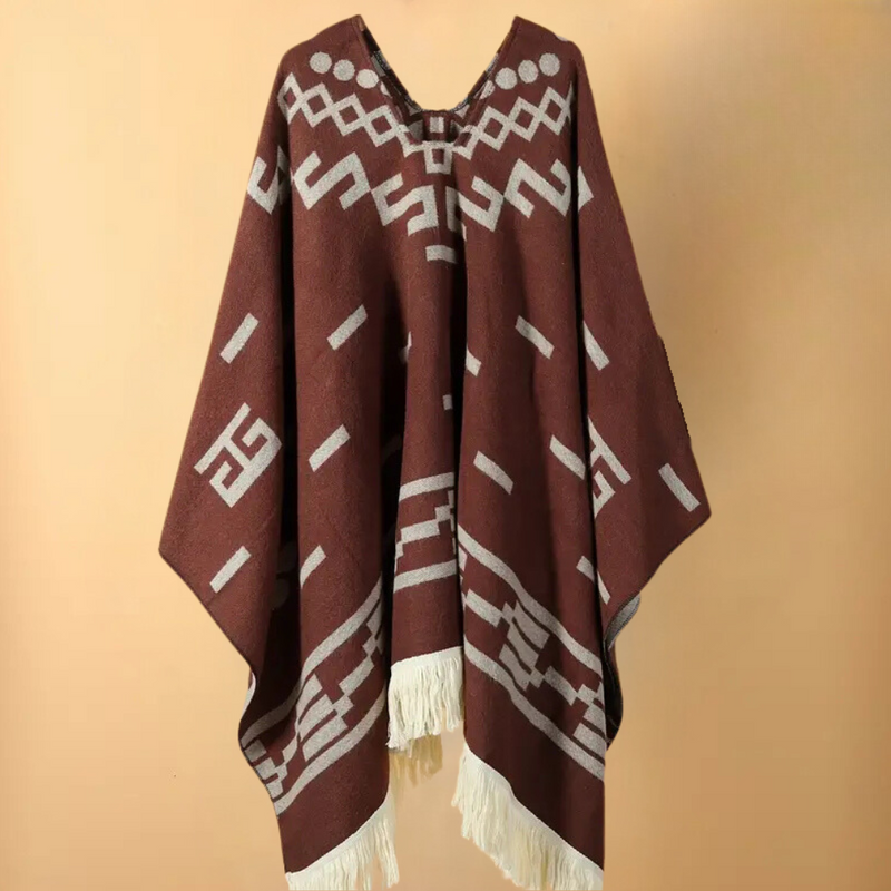 Brauner Poncho mit geometrischem Muster, Fransen, aus Wolle, traditionelles Design, Unisex.