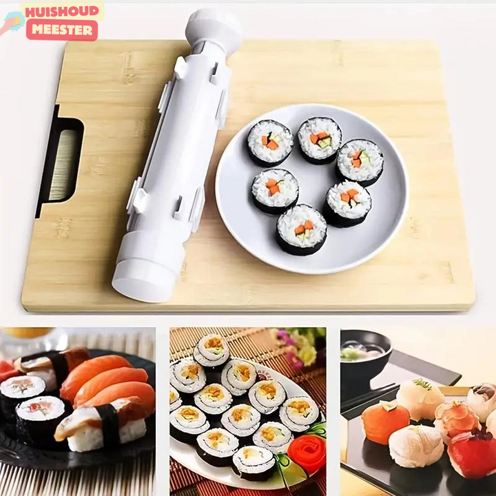 Sushi-Roll-Maker auf Holzbrett mit fertigen Sushi-Rollen, ideal für DIY-Sushi-Zubereitung.