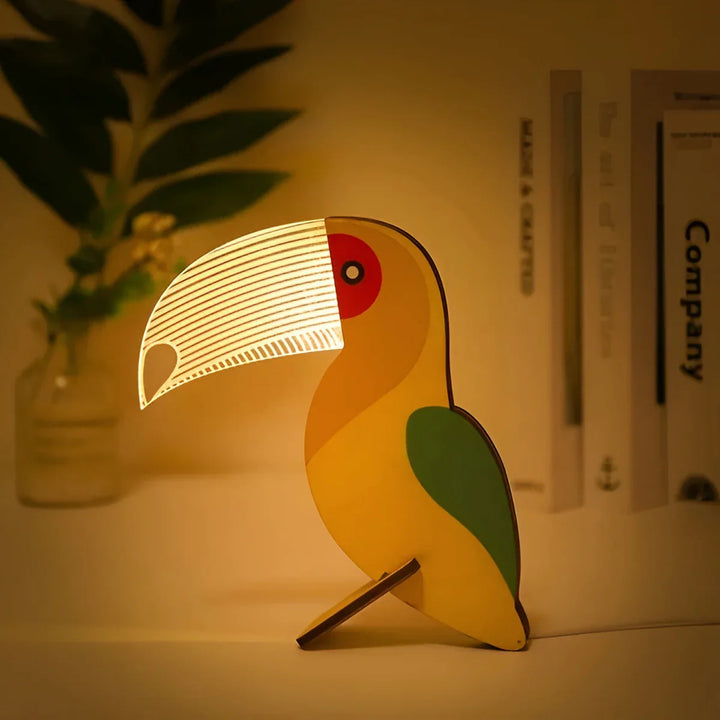 Bunte Papageienlampe aus Holz, LED-Nachttischlampe, Kinderzimmer-Dekoration, Tierdesign.