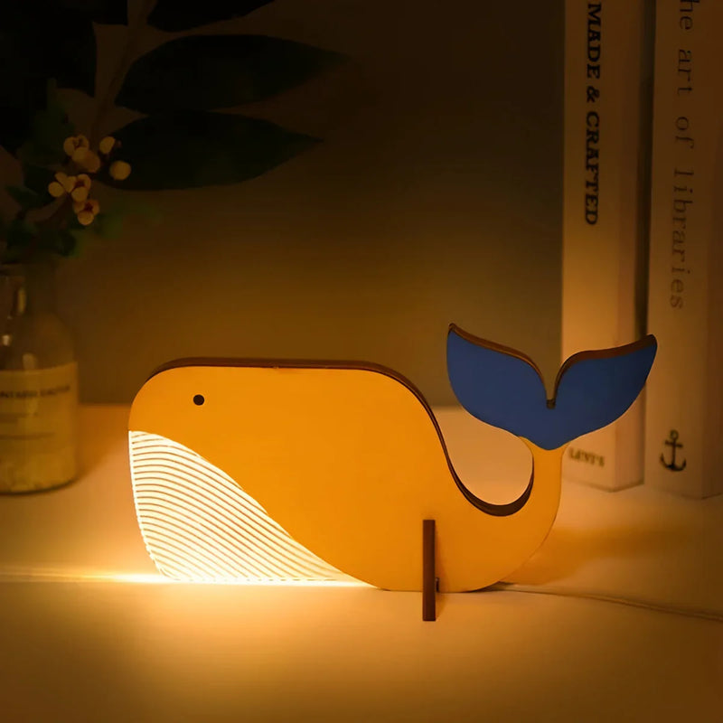 Gelbe Wal-Lampe aus Holz, Nachtlicht für Kinderzimmer, dekorative Tierleuchte, LED-Beleuchtung.