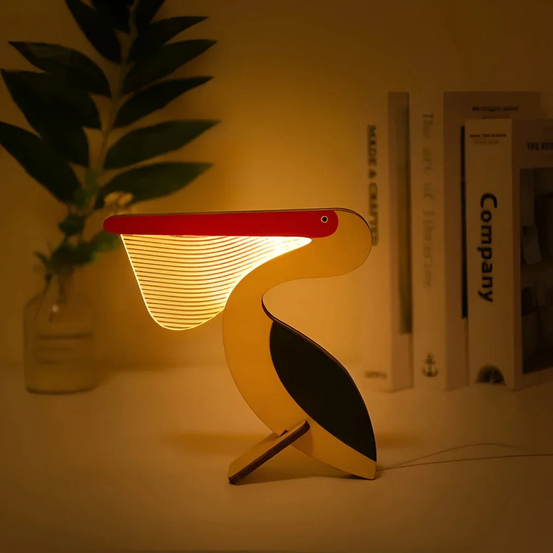 Pelikan-Lampe aus Holz mit LED-Licht, dekorative Tischleuchte, modernes Design, warmweiß.