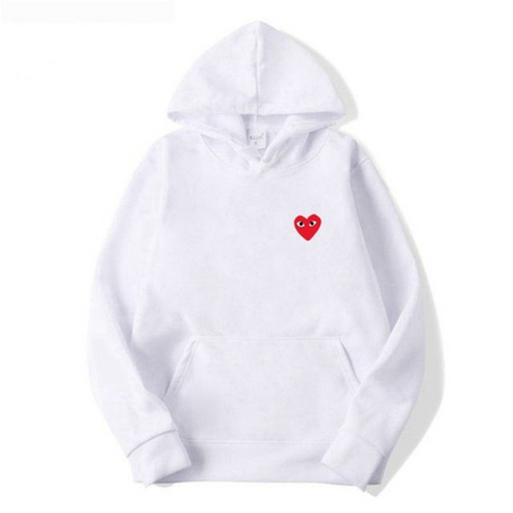 Weißer Damen-Hoodie mit rotem Herz-Logo, Baumwolle, Kapuze, modisch, bequem.