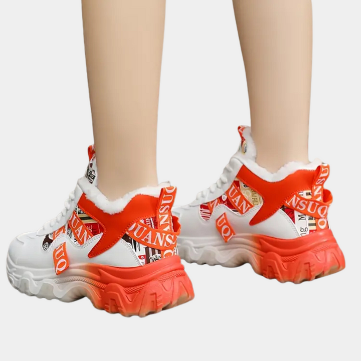 Weiße und rote Damen-Sneaker mit dicker Sohle, modisches Design, Winterstiefel, Kunstpelz.