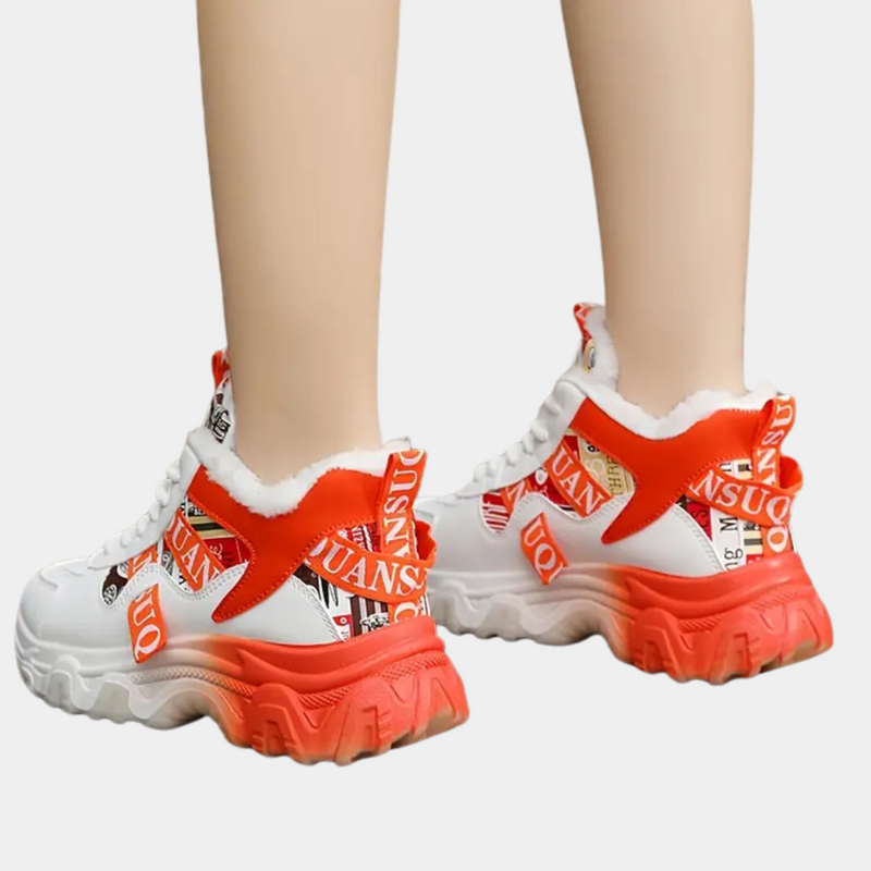 Weiße und rote Damen-Sneaker mit dicker Sohle, modisches Design, Winterstiefel, Kunstpelz.