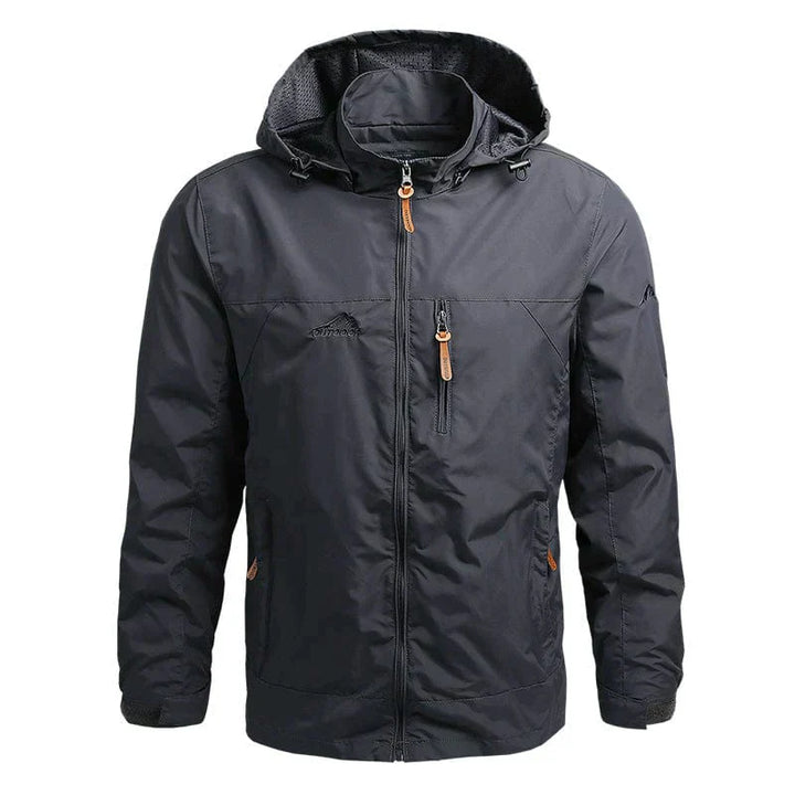 Schwarze Herren-Windjacke mit Kapuze, Reißverschlusstaschen, wasserabweisend, Outdoor-Bekleidung.