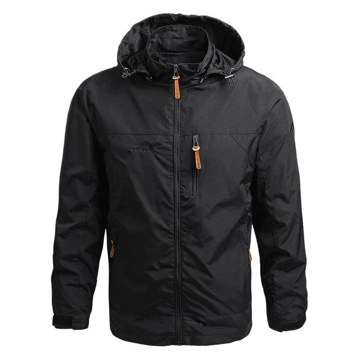 Schwarze Herren-Windjacke mit Kapuze, Reißverschlusstaschen, Outdoor-Bekleidung.