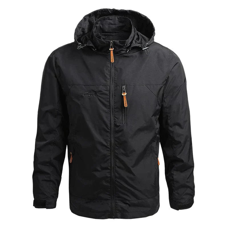 Schwarze Herren-Windjacke mit Kapuze, Reißverschlusstaschen, Outdoor-Bekleidung.