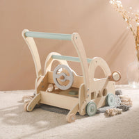 Lauflernwagen aus Holz mit Montessori-Spielteilen und Spiegeln