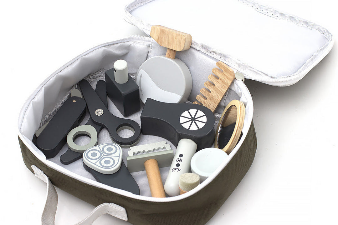 Friseurspielzeug aus Holz mit Gürteltasche für Kinder – Schnittprofi