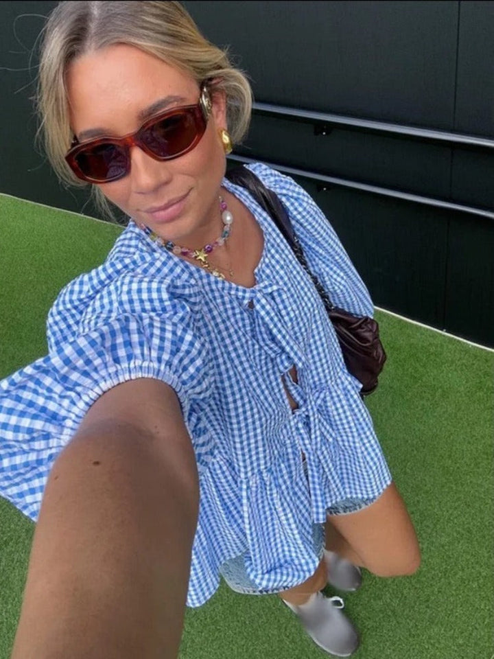 Karierte Damenbluse mit Puffärmeln – Maeve Herbstzauber Edition