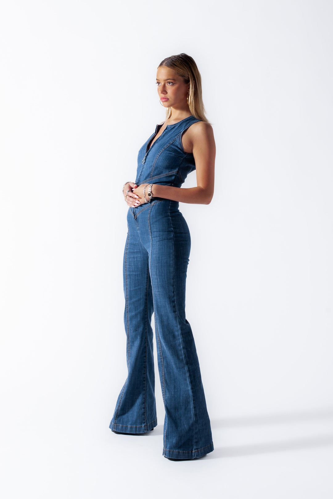 Herzförmiger Rückenfreier Jeans-Jumpsuit Damen – Herbstlaub Edition