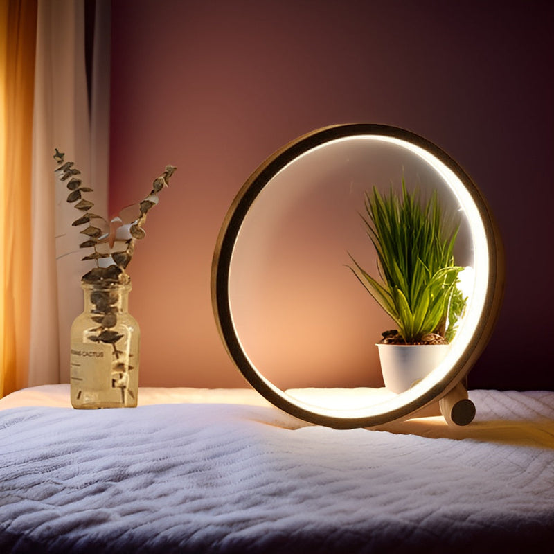 Runde LED-Lampe mit Pflanze, modernes Design, warmes Licht, Schlafzimmer-Dekoration.