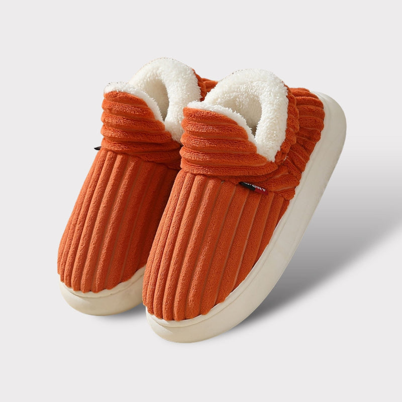 Orange Cord-Slipper mit weißem Futter, rutschfeste Sohle, gemütliche Hausschuhe für Damen.