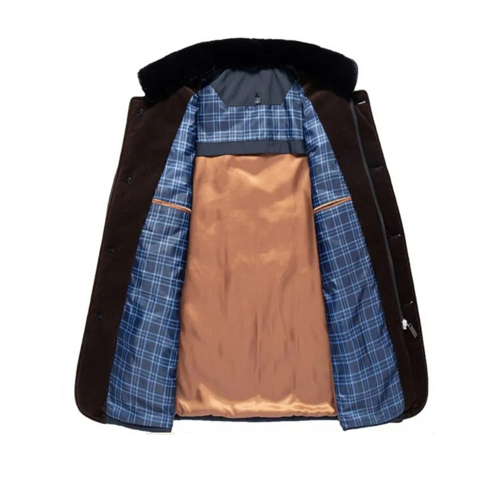 Dunkelbrauner Herrenmantel mit blau kariertem Innenfutter und beigem Satinfutter.