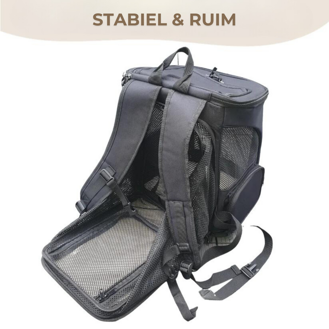 Schwarzer Haustier-Rucksack mit Netzfenstern, stabil und geräumig, ideal für Reisen.