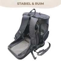 Schwarzer Haustier-Rucksack mit Netzfenstern, stabil und geräumig, ideal für Reisen.