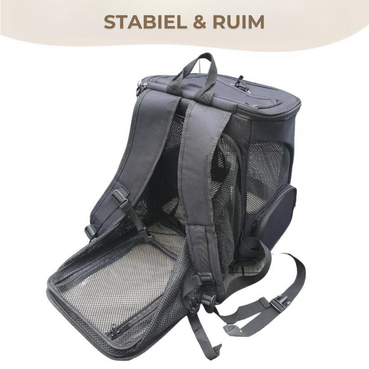 Schwarzer Haustier-Rucksack mit Netzfenstern, stabil und geräumig, ideal für Reisen.