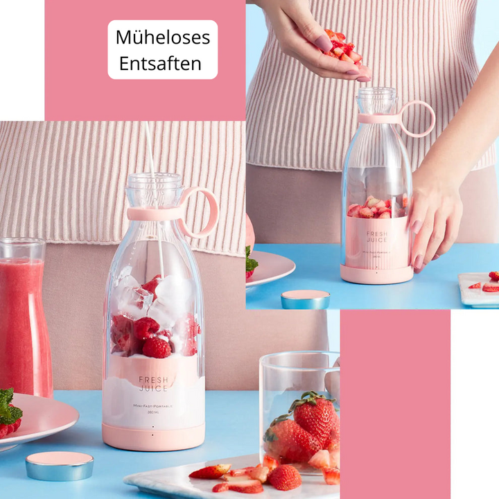 Rosa tragbarer Mixer mit Erdbeeren und Eis, ideal für frische Säfte und Smoothies.