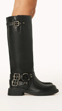 Schwarze Lederstiefel mit Schnallen, kniehoch, modisch, Damenstiefel, robust, elegant.