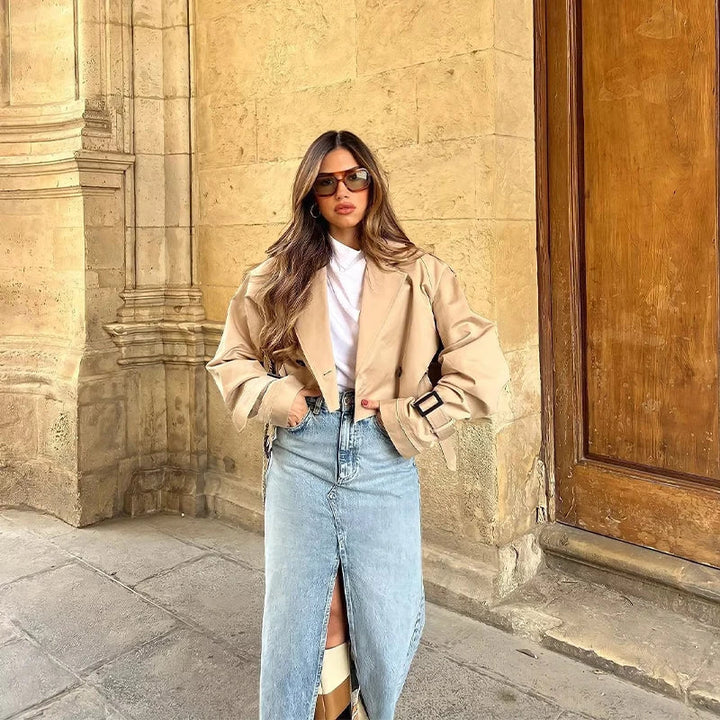 Herbstlicher Trendiger Kurzer Damen-Trenchcoat mit Gürtel – Amelie