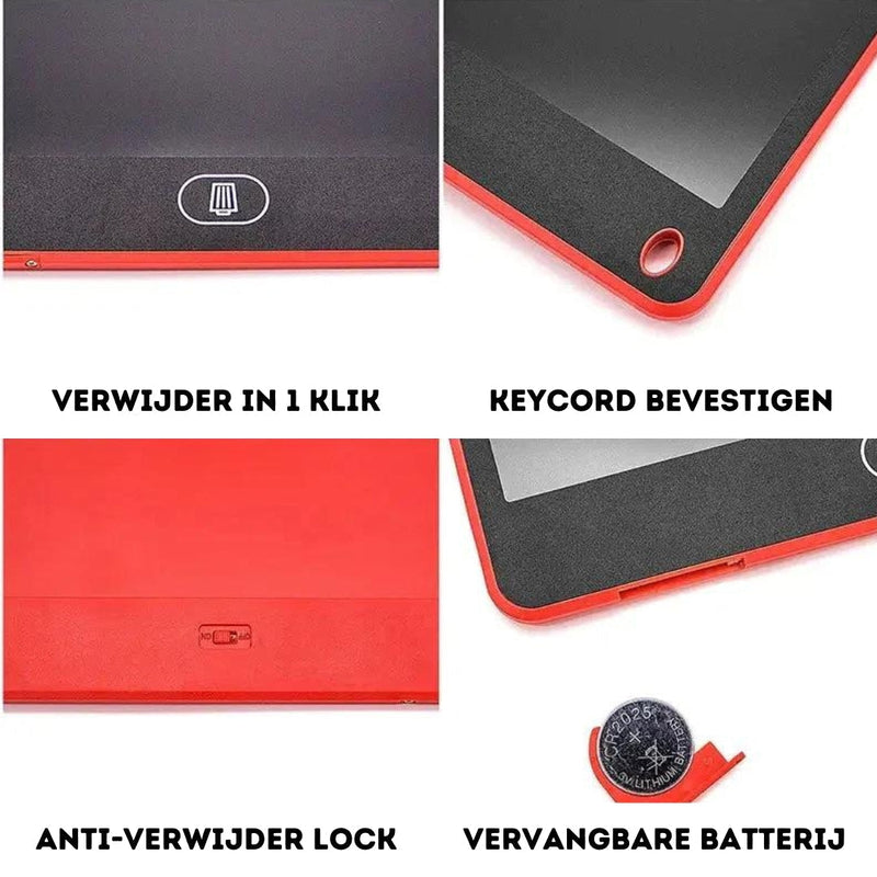Rotes LCD-Schreibtablett mit Anti-Lösch-Sperre, Schlüsselbandhalterung, austauschbarer Batterie.