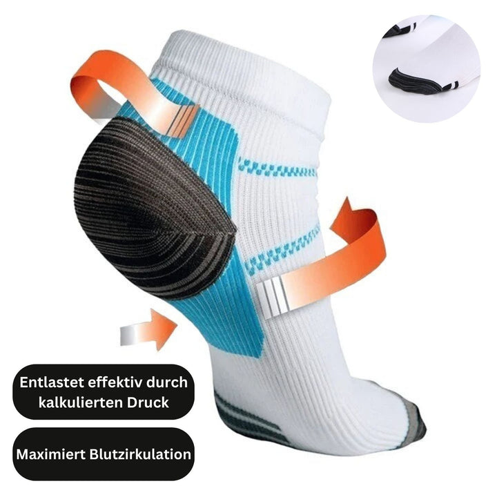 Weiße Kompressionssocke mit blauem und schwarzem Design, fördert Blutzirkulation, Druckentlastung.