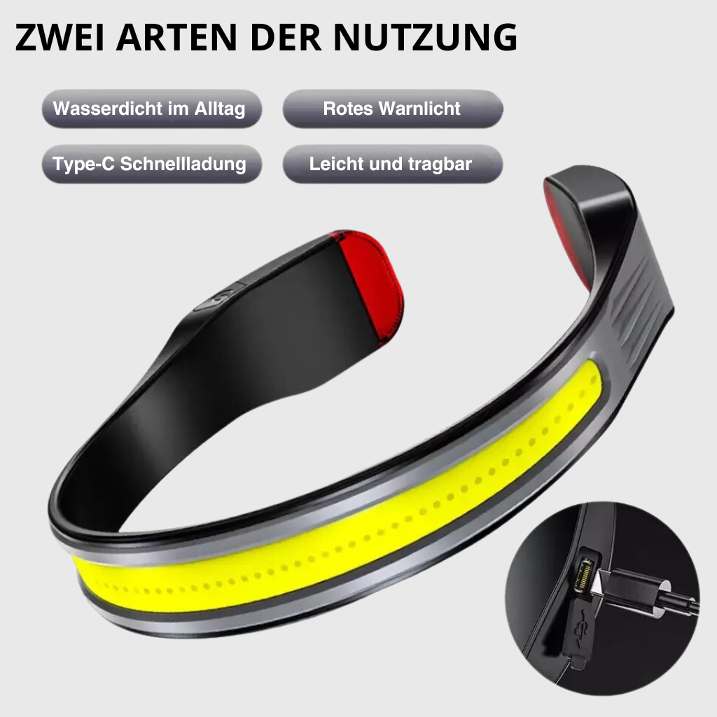 Schwarzes LED-Lauflicht mit gelbem Streifen, USB-C, wasserdicht, tragbar, rotes Warnlicht.