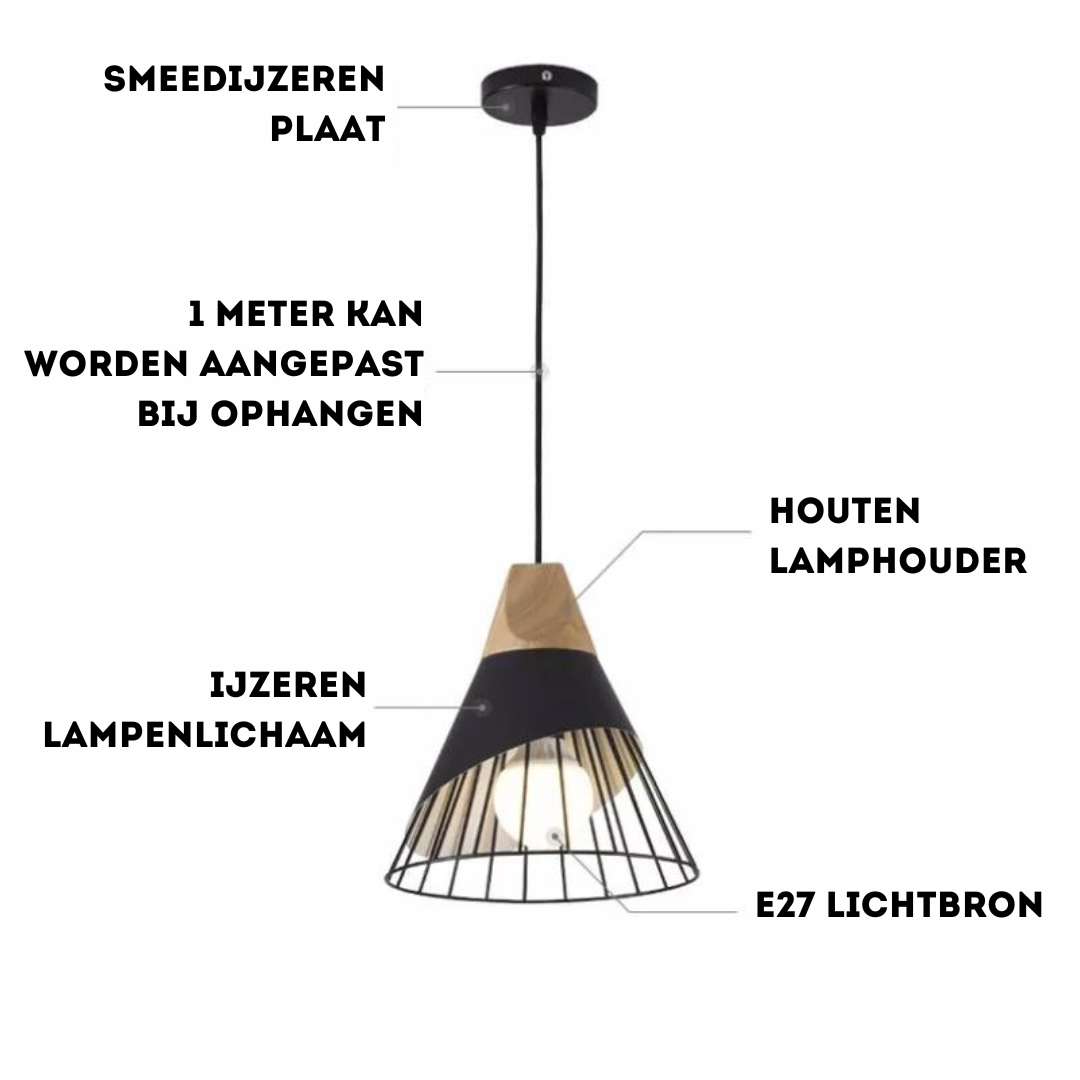 Hängelampe aus Schmiedeeisen und Holz, E27 Fassung, verstellbar, modernes Design.
