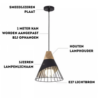 Hängelampe aus Schmiedeeisen und Holz, E27 Fassung, verstellbar, modernes Design.