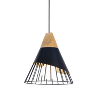 Schwarze und holzfarbene Pendelleuchte, Metall und Holz, modernes Design, Innenbeleuchtung.