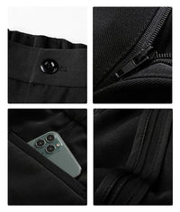 Schwarze Herrenhose, Polyester, Reißverschluss, Knopf, Tasche mit Smartphone, modisch, lässig.