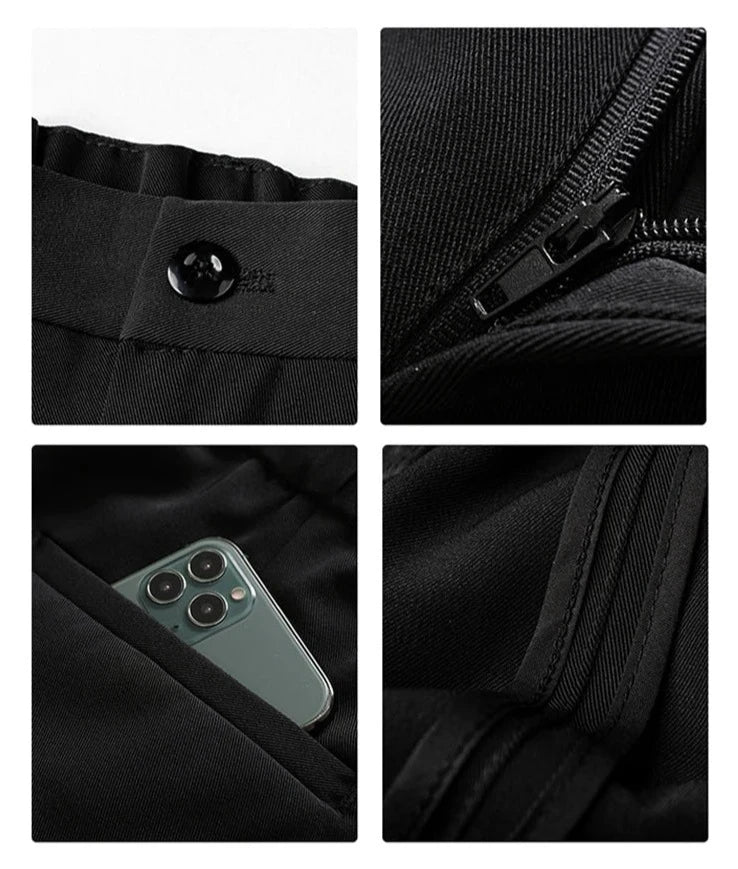 Schwarze Herrenhose, Polyester, Reißverschluss, Knopf, Tasche mit Smartphone, modisch, lässig.