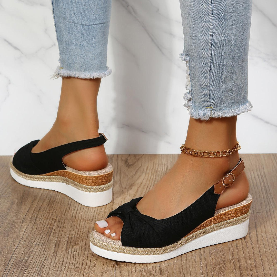 Damen Sandalen Keilabsatz Schwarz, Sommermode, Bequem, Casual, Jeans, Holzoptik, Fußkettchen.