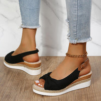 Damen Sandalen Keilabsatz Schwarz, Sommermode, Bequem, Casual, Jeans, Holzoptik, Fußkettchen.