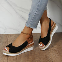 Damen Sandalen mit Keilabsatz, schwarz, bequem, Sommermode, Jeans, Holzoptik, Fußkettchen.