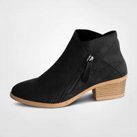 Schwarze Damen-Stiefelette mit Reißverschluss, Blockabsatz, Wildlederoptik, modisch, bequem.