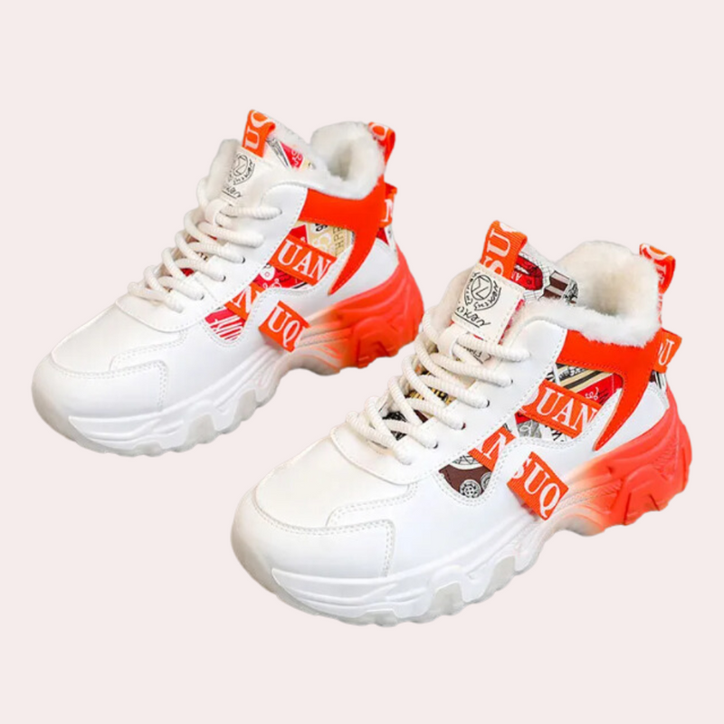 Weiße und rote Sneaker mit dicker Sohle, modisches Design, Damen-Winterschuhe.